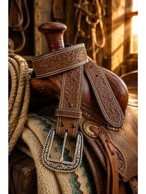 Ariat Western Tooled Leather Belt 40 Brown Floral Embossed Limited Ed. Buckle